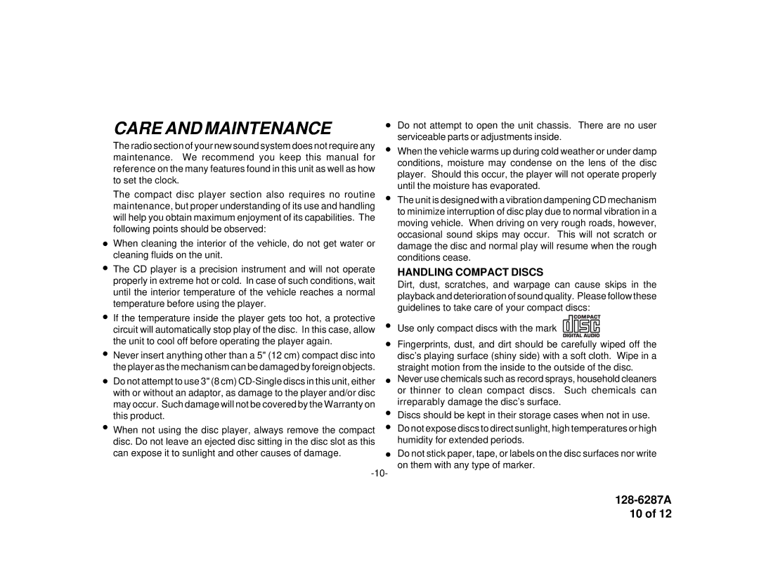 Audiovox P-942 manual Care and Maintenance 