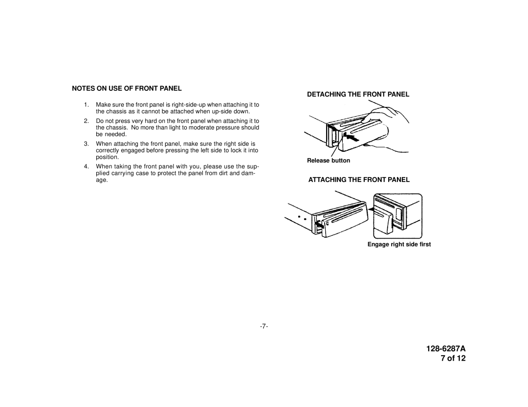 Audiovox P-942 manual Release button, Engage right side first 