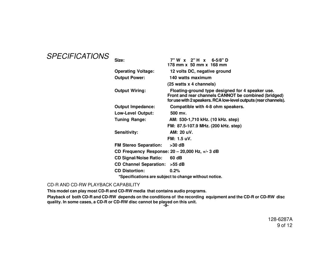 Audiovox P-942 manual Specifications Size 