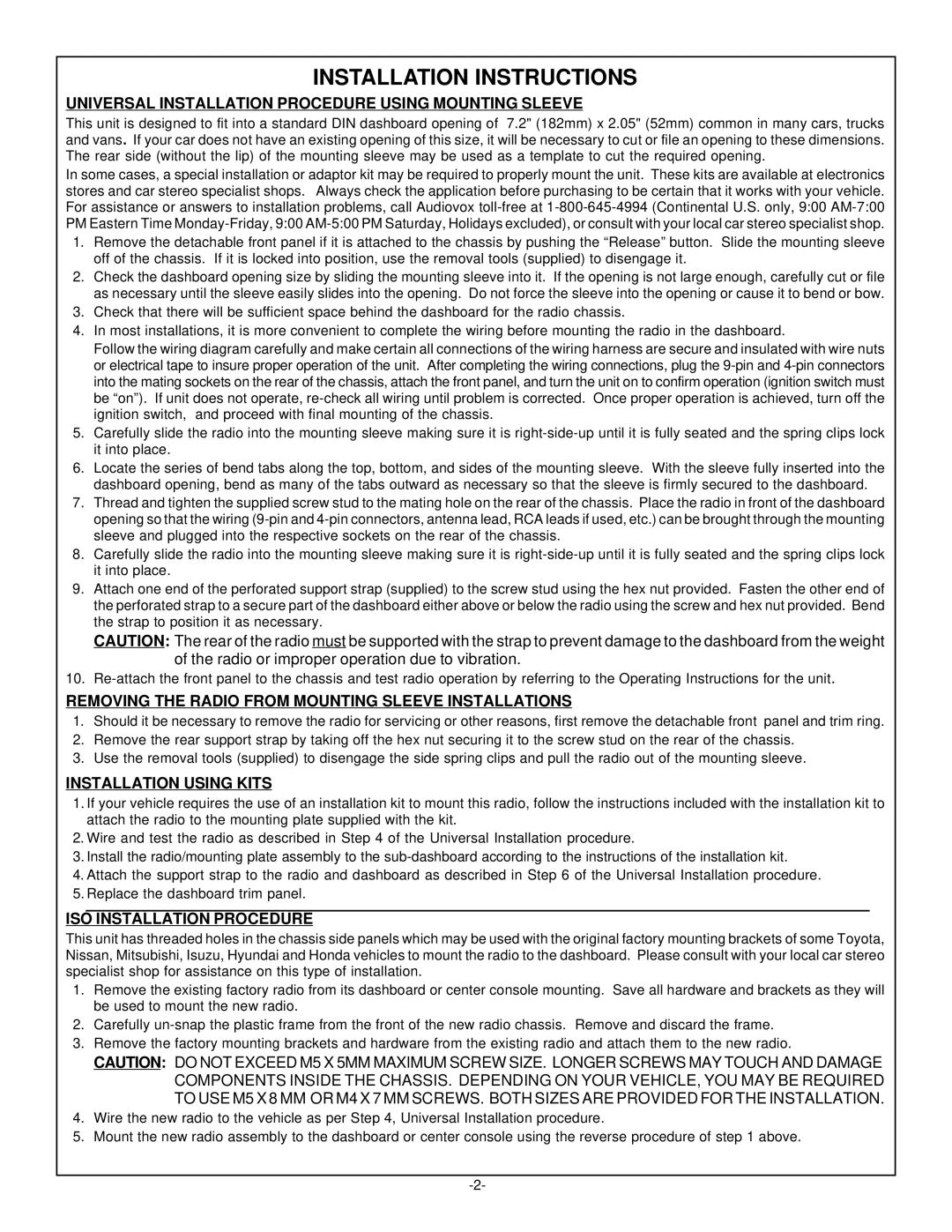 Audiovox P-942WESP manual Installation Instructions, Universal Installation Procedure Using Mounting Sleeve 