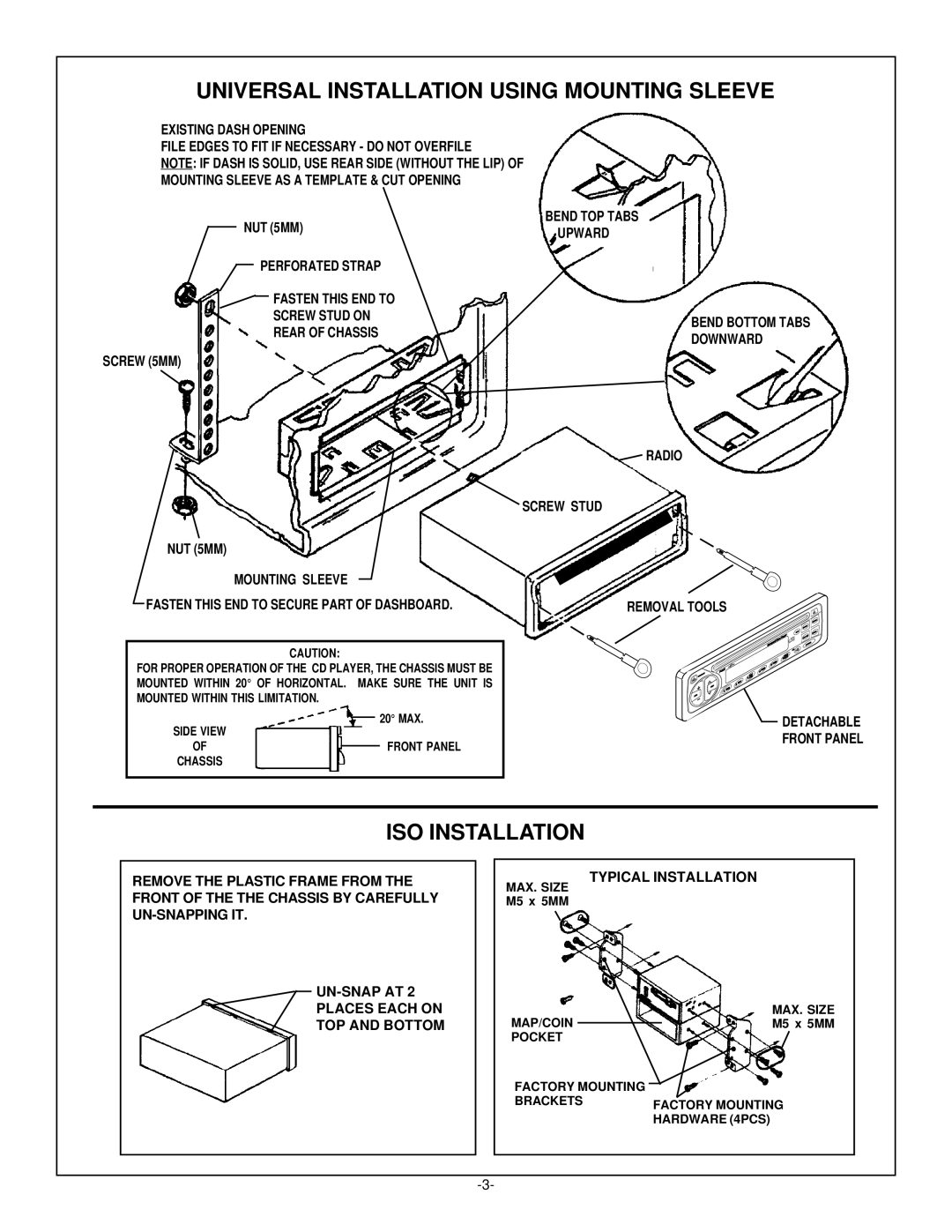 Audiovox P-942WESP manual Universal Installation Using Mounting Sleeve, ISO Installation 