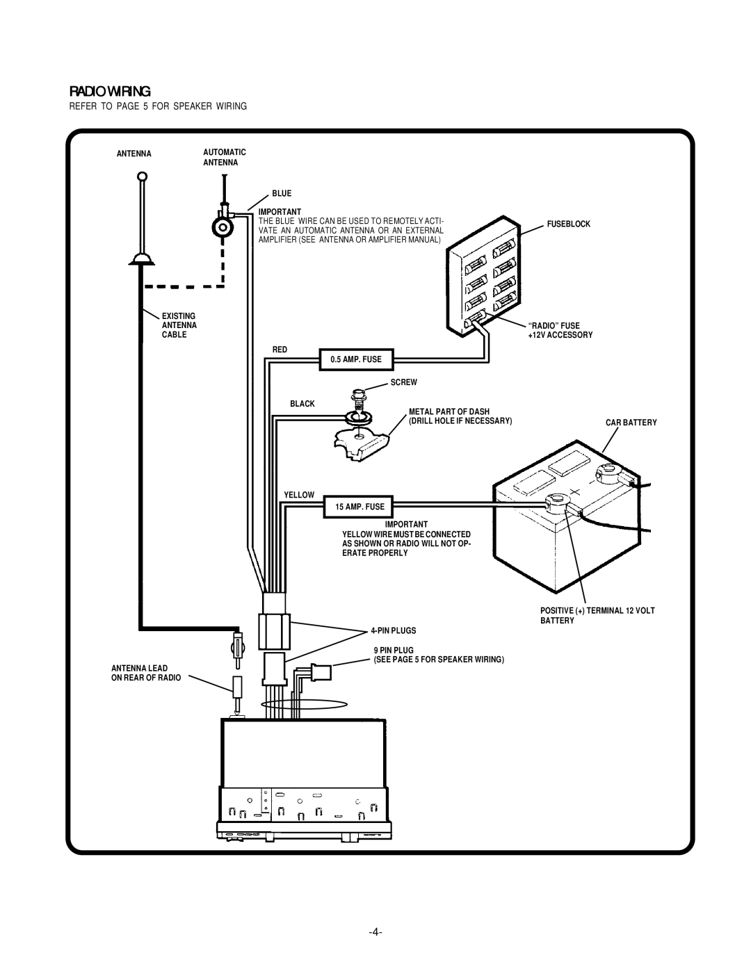 Audiovox P-942WESP manual Radio Wiring, Refer to page 5 for Speaker Wiring 