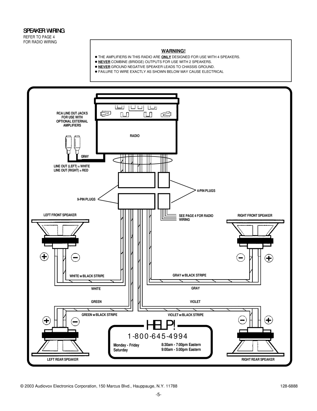 Audiovox P-942WESP manual Speaker Wiring, Refer to For Radio Wiring 