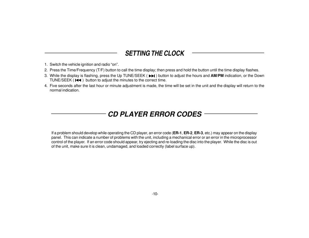 Audiovox P-947 owner manual Setting the Clock, CD Player Error Codes 