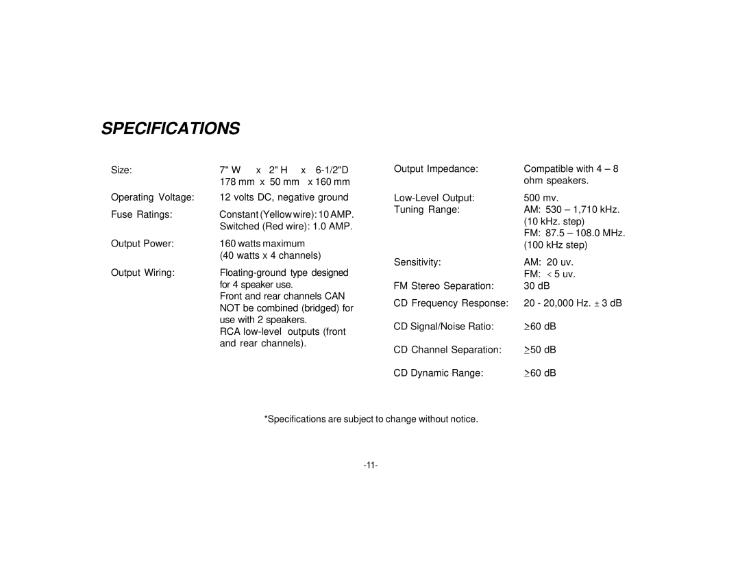 Audiovox P-947 owner manual Specifications 