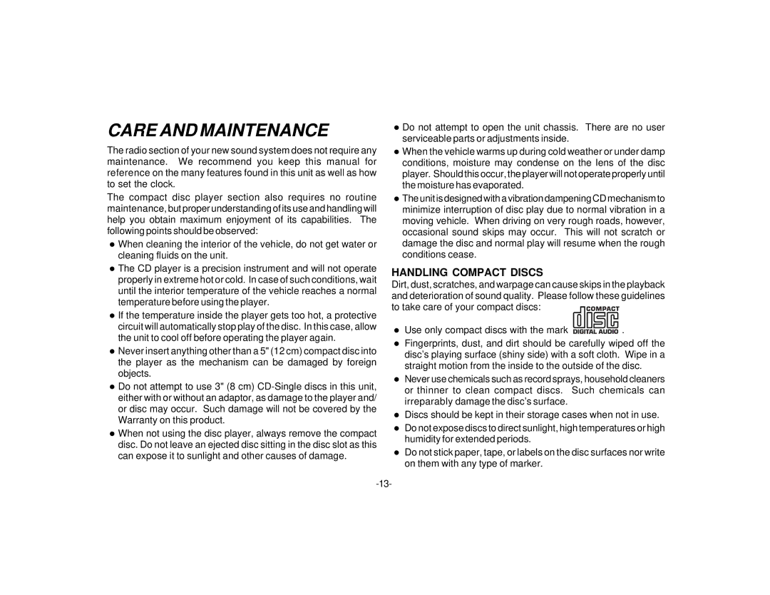 Audiovox P-947 owner manual Care and Maintenance, Handling Compact Discs 