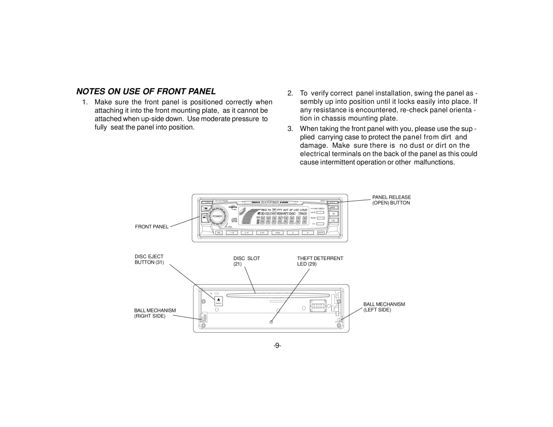 Audiovox P-947 owner manual Panel Release 