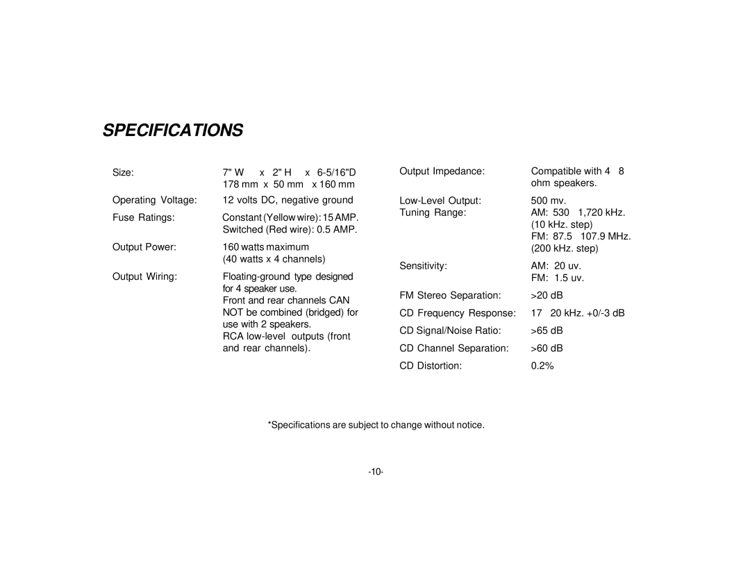 Audiovox P-950 manual Specifications 