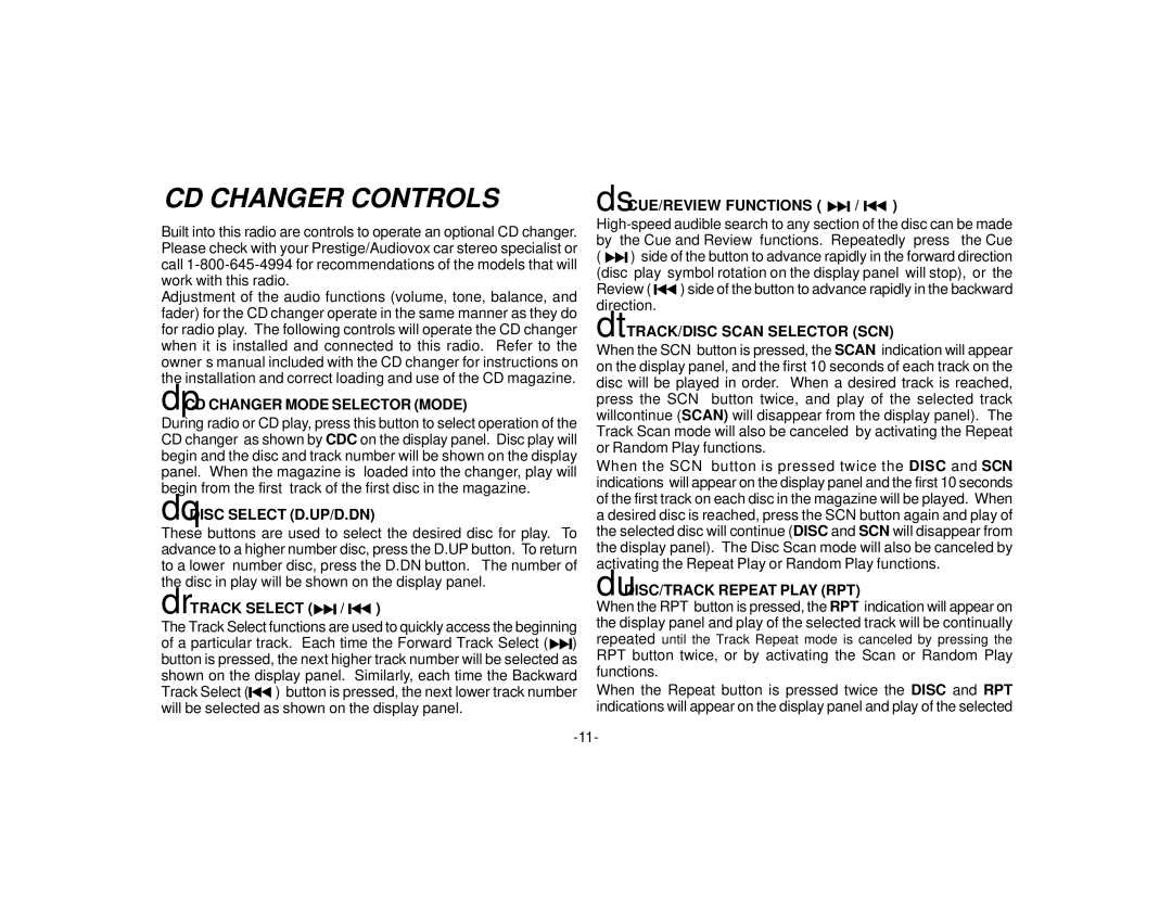 Audiovox P-950 manual CD Changer Controls 