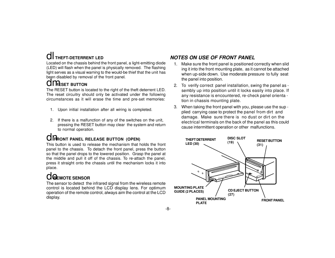 Audiovox P-950 manual Dl THEFT-DETERRENT LED, Dm Reset Button, Dn Front Panel Release Button Open, DoREMOTE Sensor 