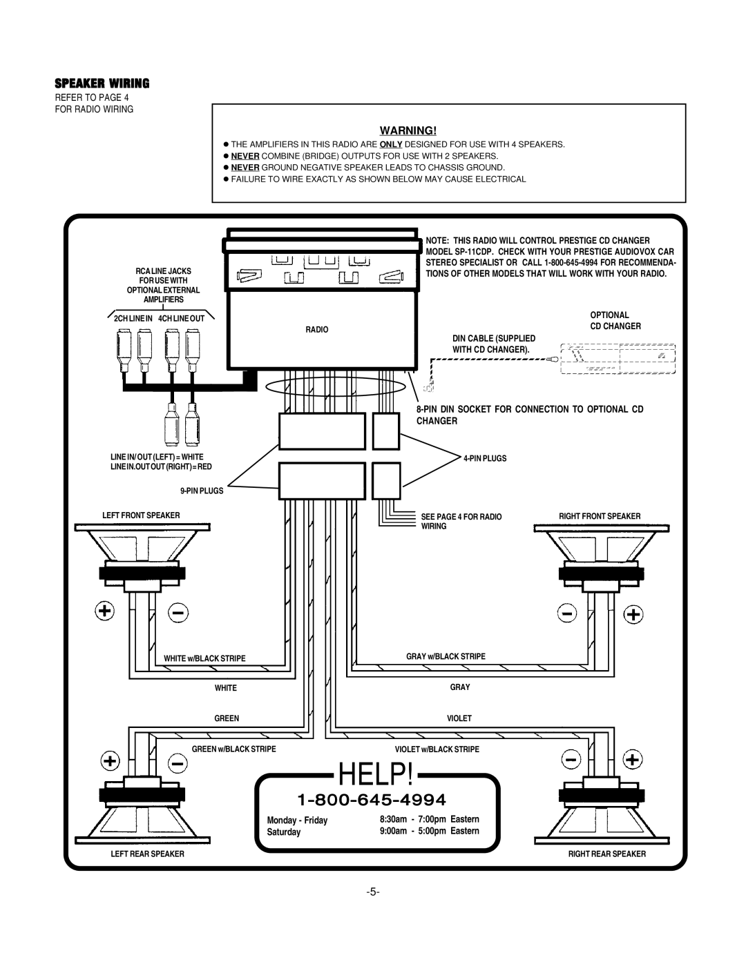 Audiovox P-950W installation manual Speaker Wiring, Refer to For Radio Wiring 