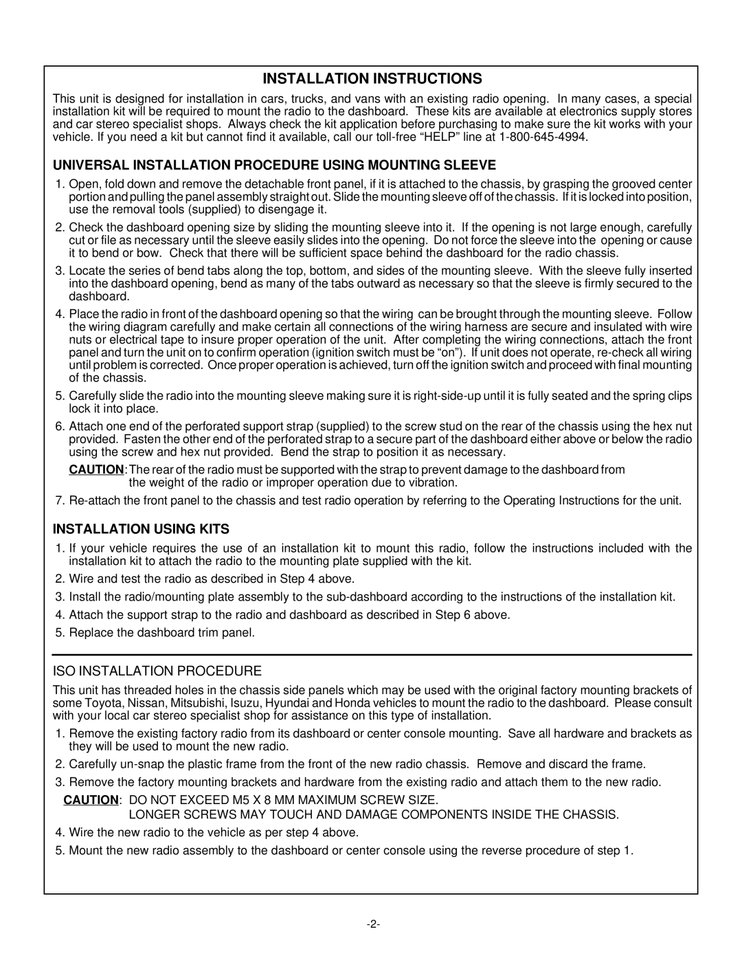 Audiovox P-955 installation manual Installation Instructions 