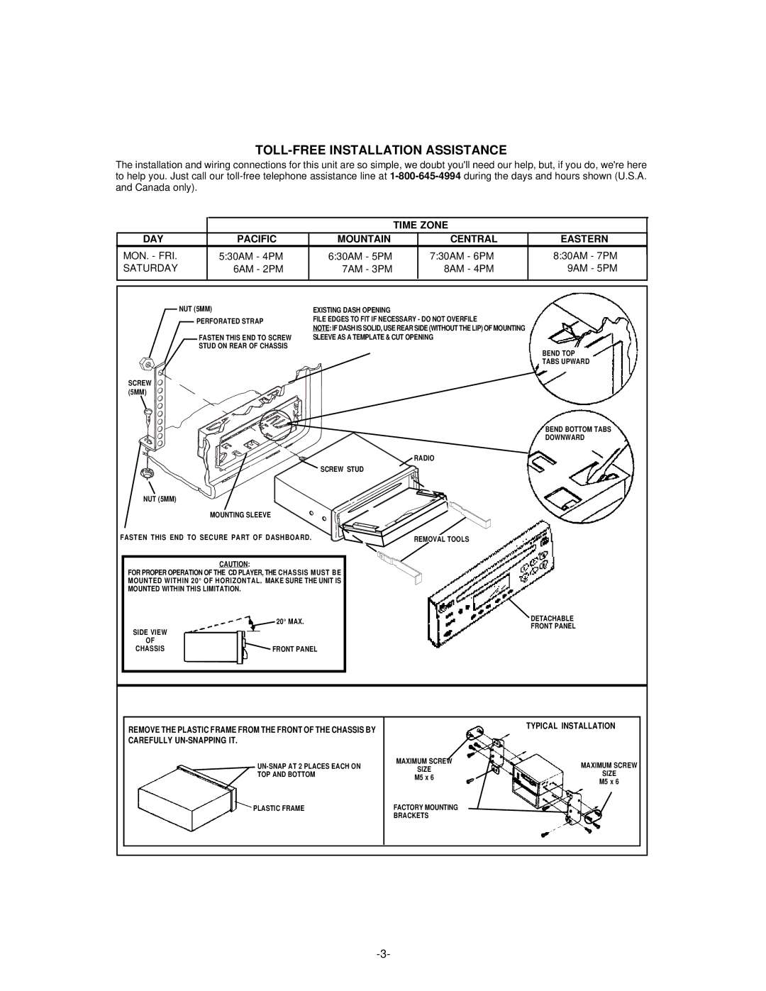 Audiovox P-955 installation manual TOLL-FREE Installation Assistance, Time Zone DAY Pacific Mountain Central Eastern 