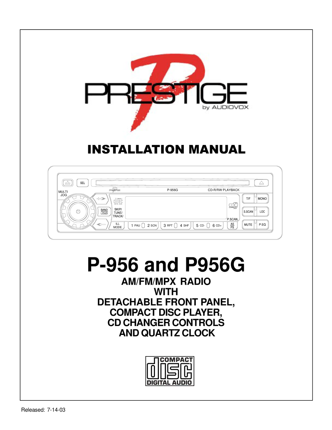 Audiovox P-956 installation manual P956G 