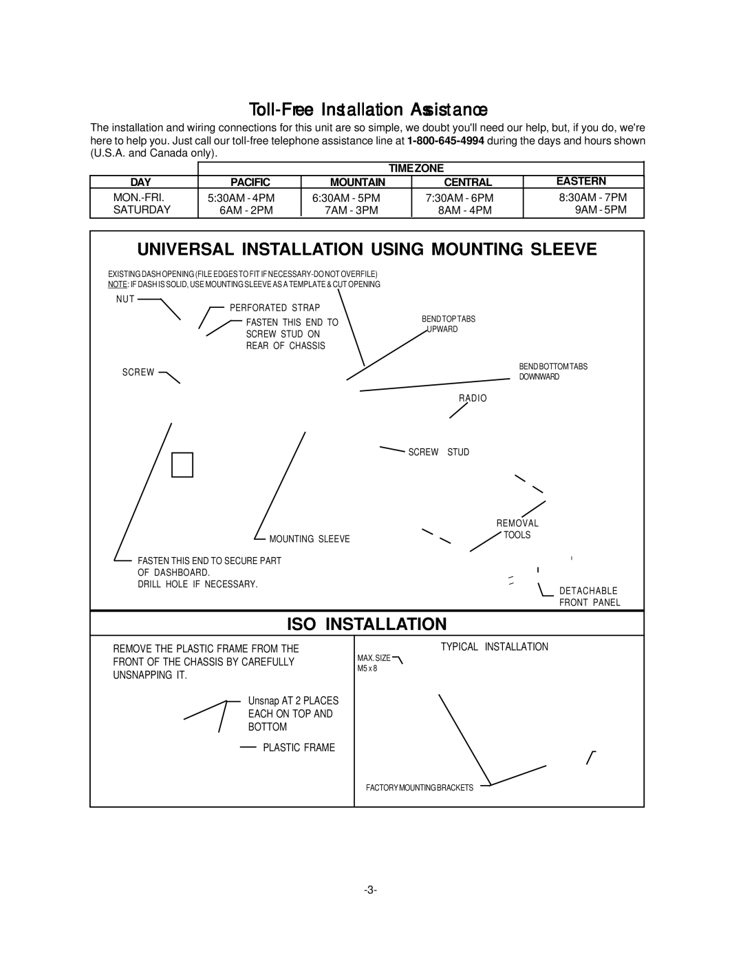 Audiovox P-956 installation manual Universal Installation Using Mounting Sleeve, ISO Installation 