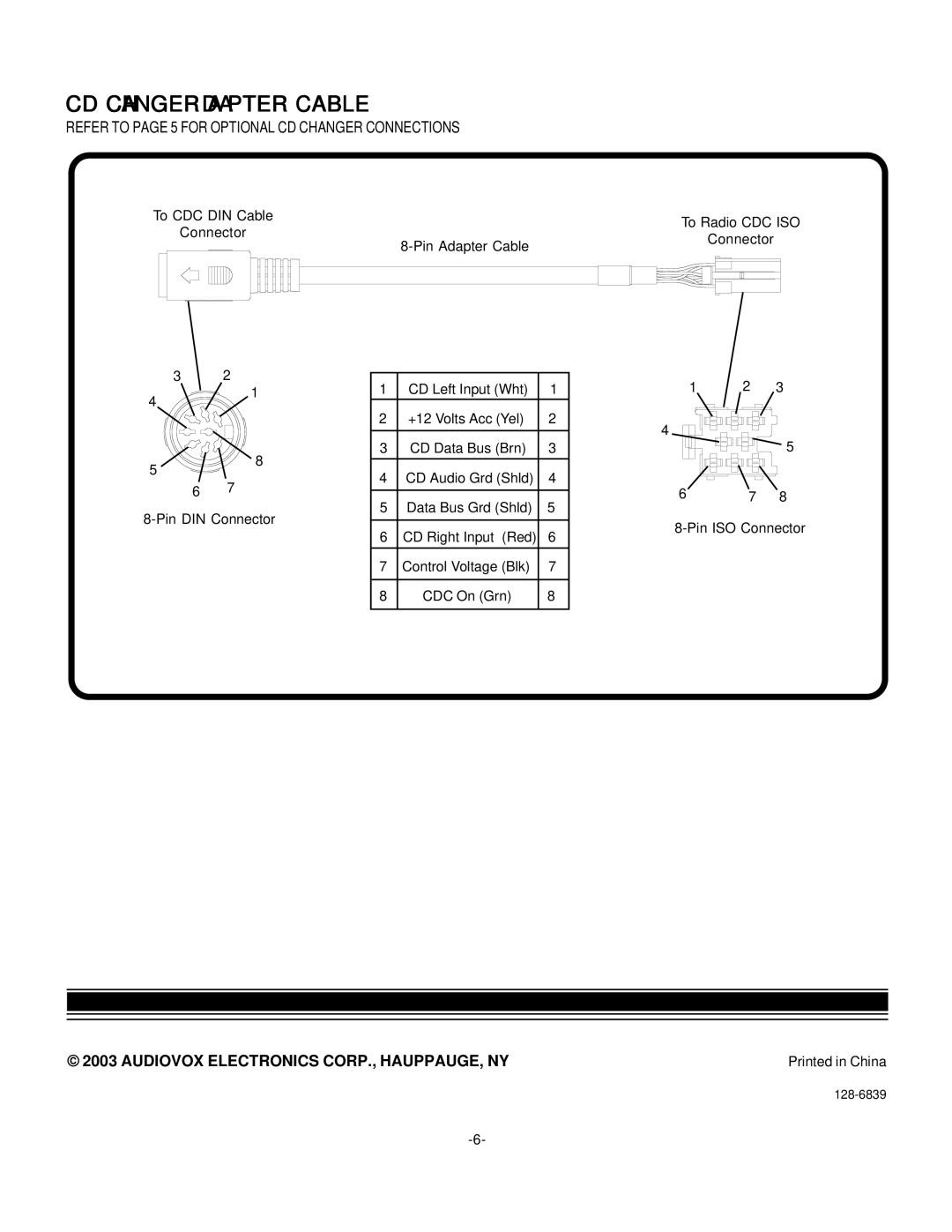 Audiovox P-956 installation manual CD Changer Adapter Cable, Refer to page 5 for Optional CD Changer Connections 