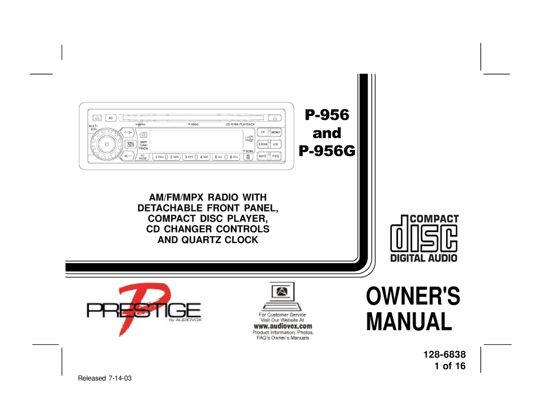 Audiovox P-956G owner manual Owners Manual 