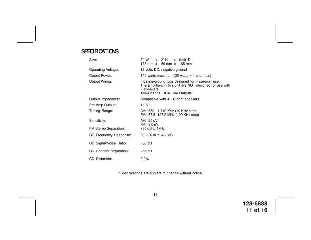 Audiovox P-956G owner manual Specifications 