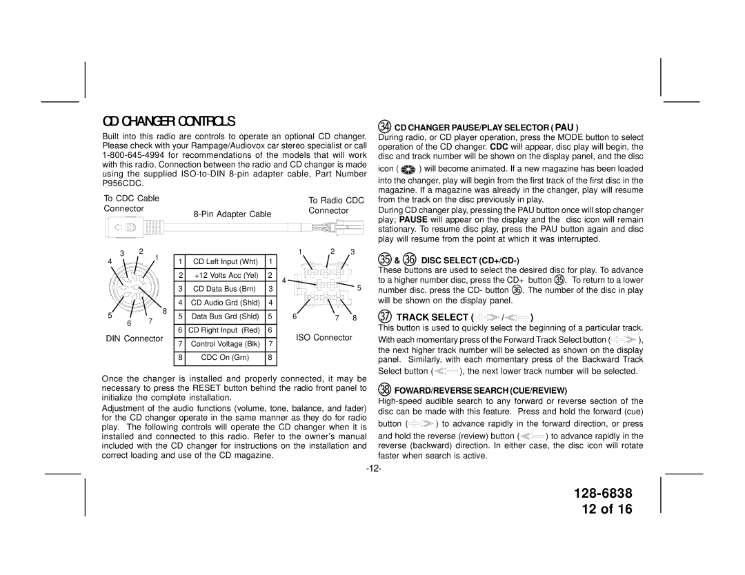 Audiovox P-956G owner manual CD Changer Controls, Dp CD Changer PAUSE/PLAY Selector PAU, Dq & dr Disc Select CD+/CD 