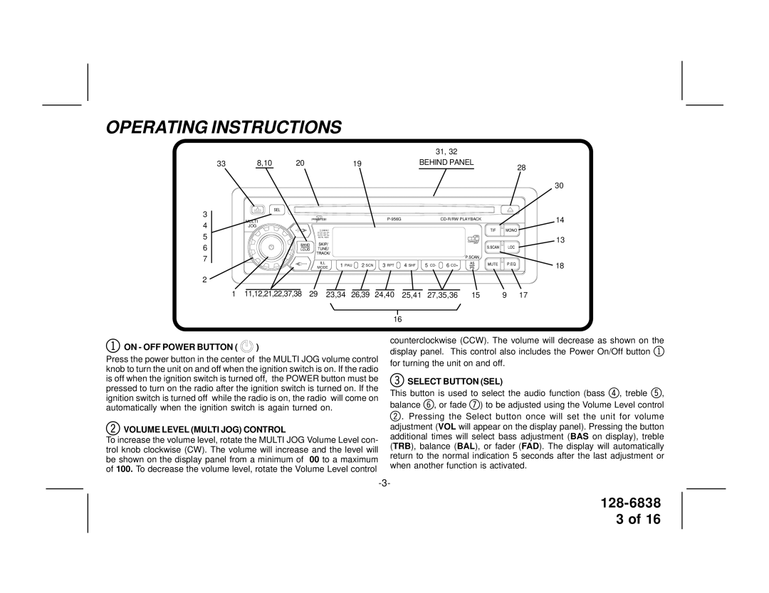 Audiovox P-956G owner manual Operating Instructions, On OFF Power Button, Volume Level Multi JOG Control, Select Button SEL 