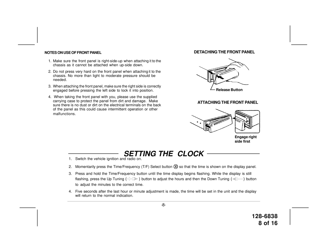 Audiovox P-956G owner manual Setting the Clock, Detaching the Front Panel, Release Button, Engage right side first 