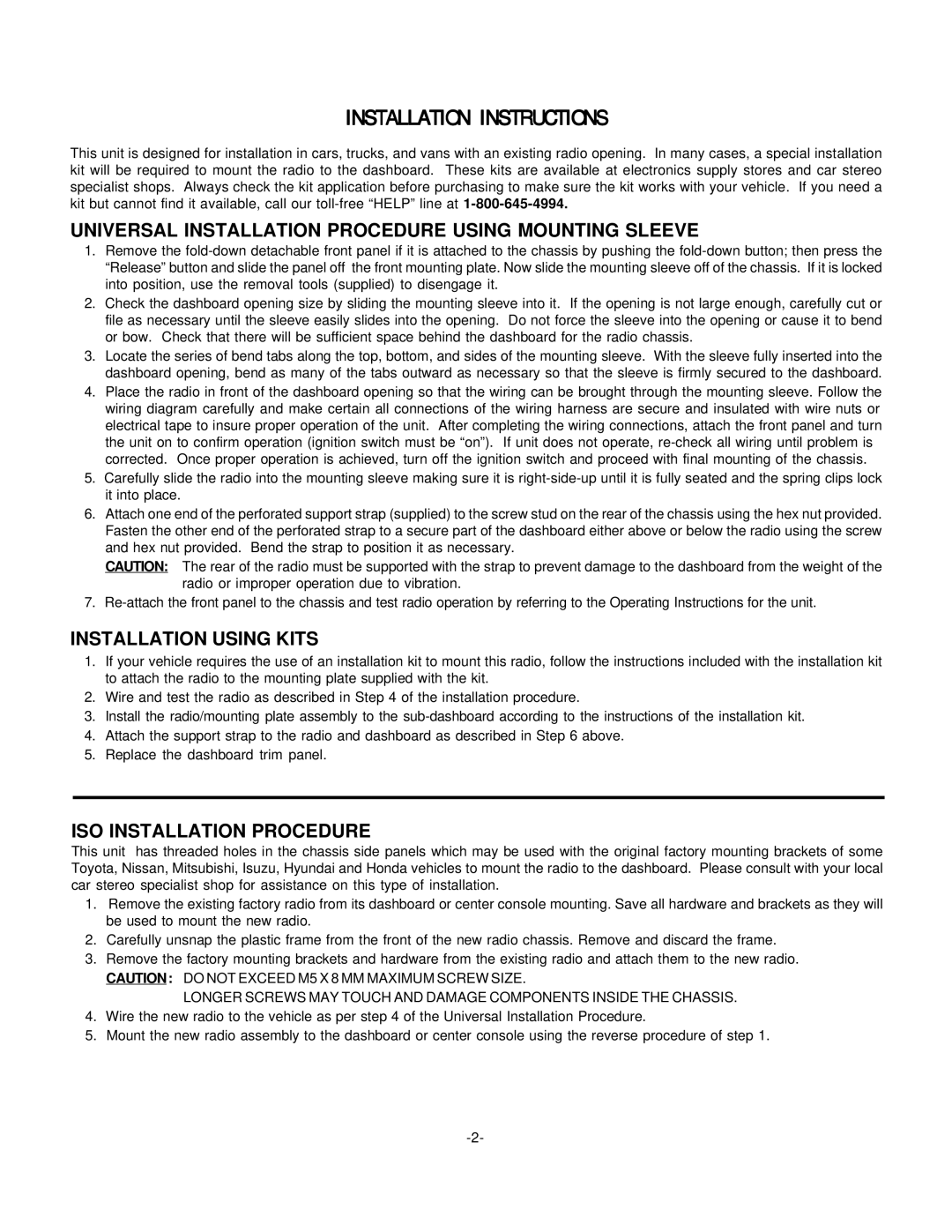 Audiovox P-963ESP installation manual Installation Instructions, Universal Installation Procedure Using Mounting Sleeve 