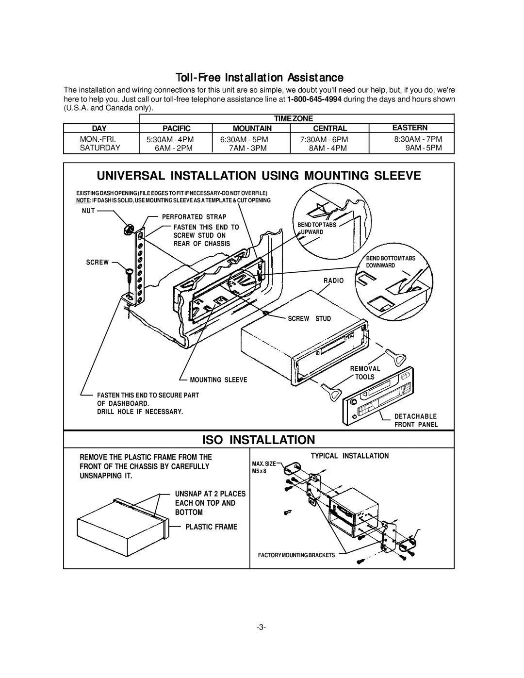 Audiovox P-963ESP installation manual Universal Installation Using Mounting Sleeve, ISO Installation 