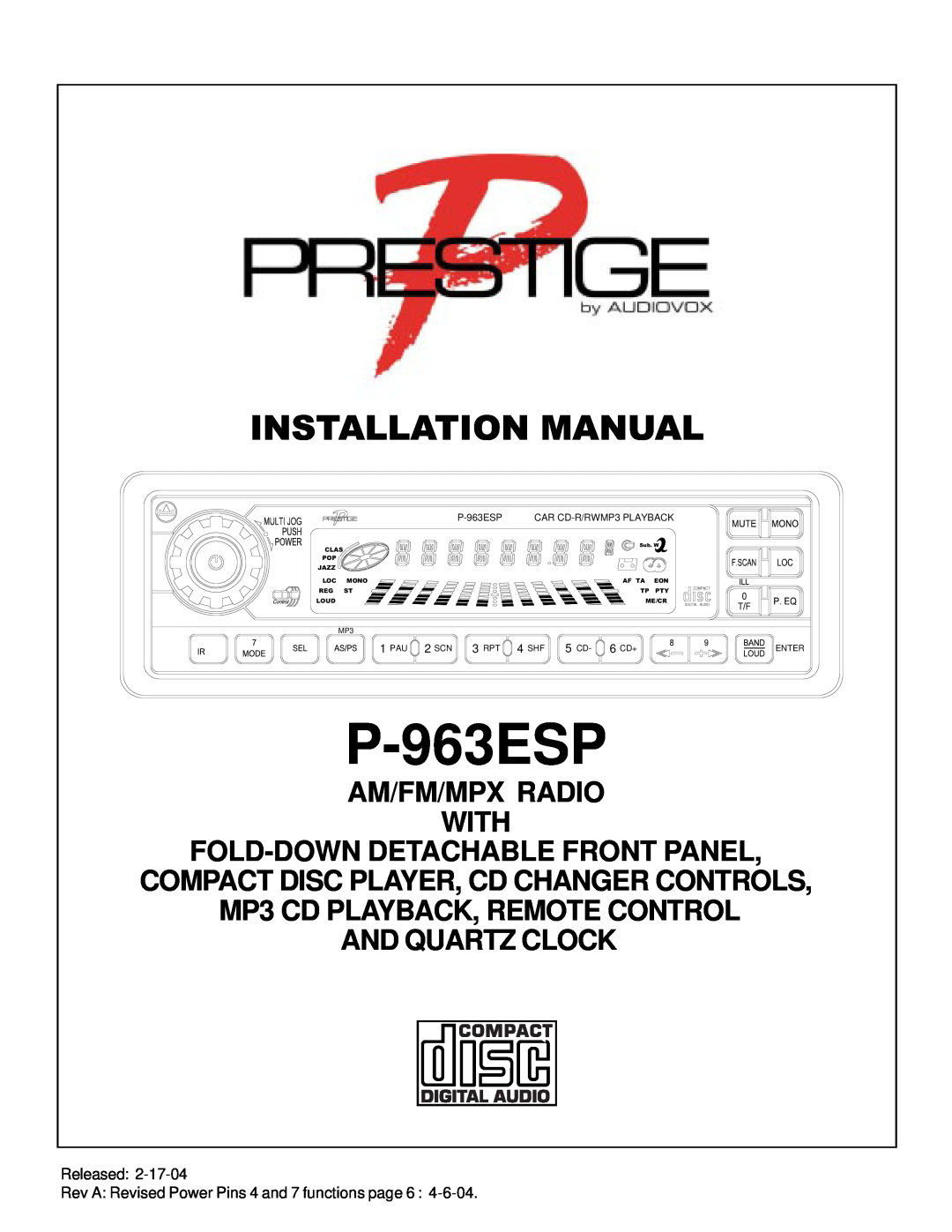 Audiovox P-963ESP installation manual Released, Installation Manual, Am/Fm/Mpx Radio With, Fold-Downdetachable Front Panel 
