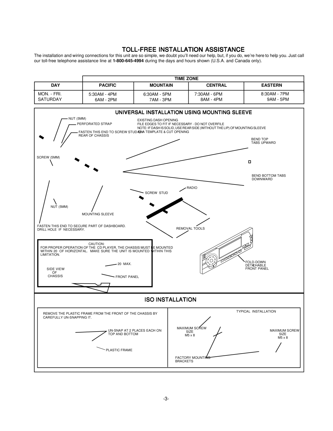 Audiovox P-965 installation manual TOLL-FREE Installation Assistance, Mon. Fri, Saturday 