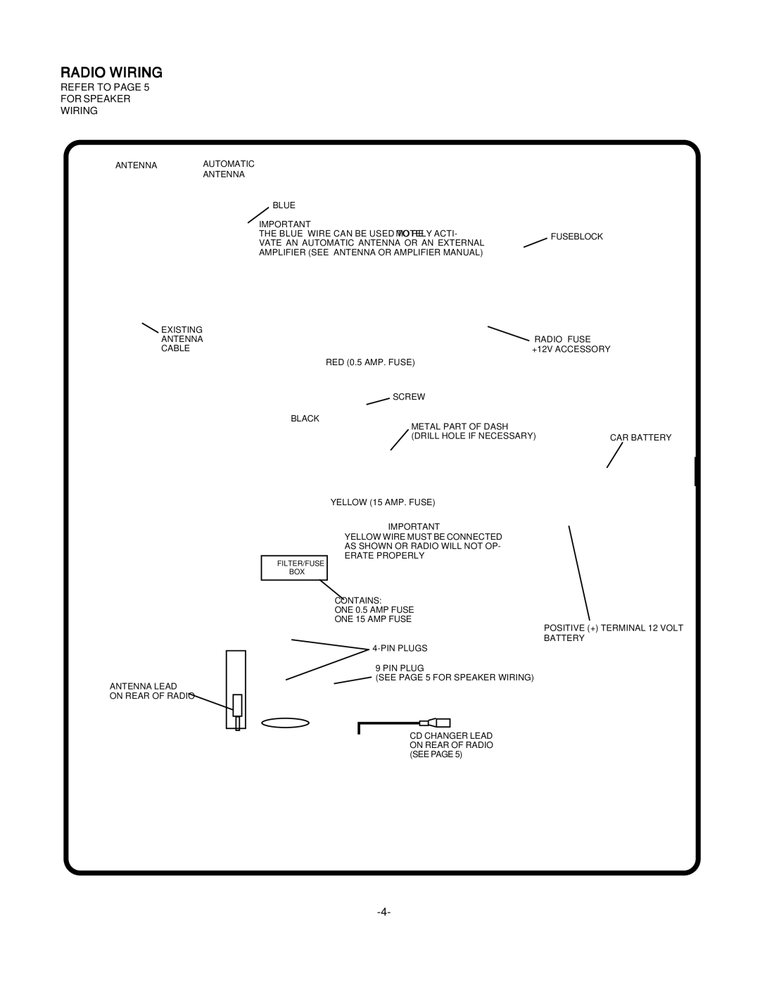 Audiovox P-965 installation manual Radio Wiring, Refer to page 5 for Speaker Wiring 