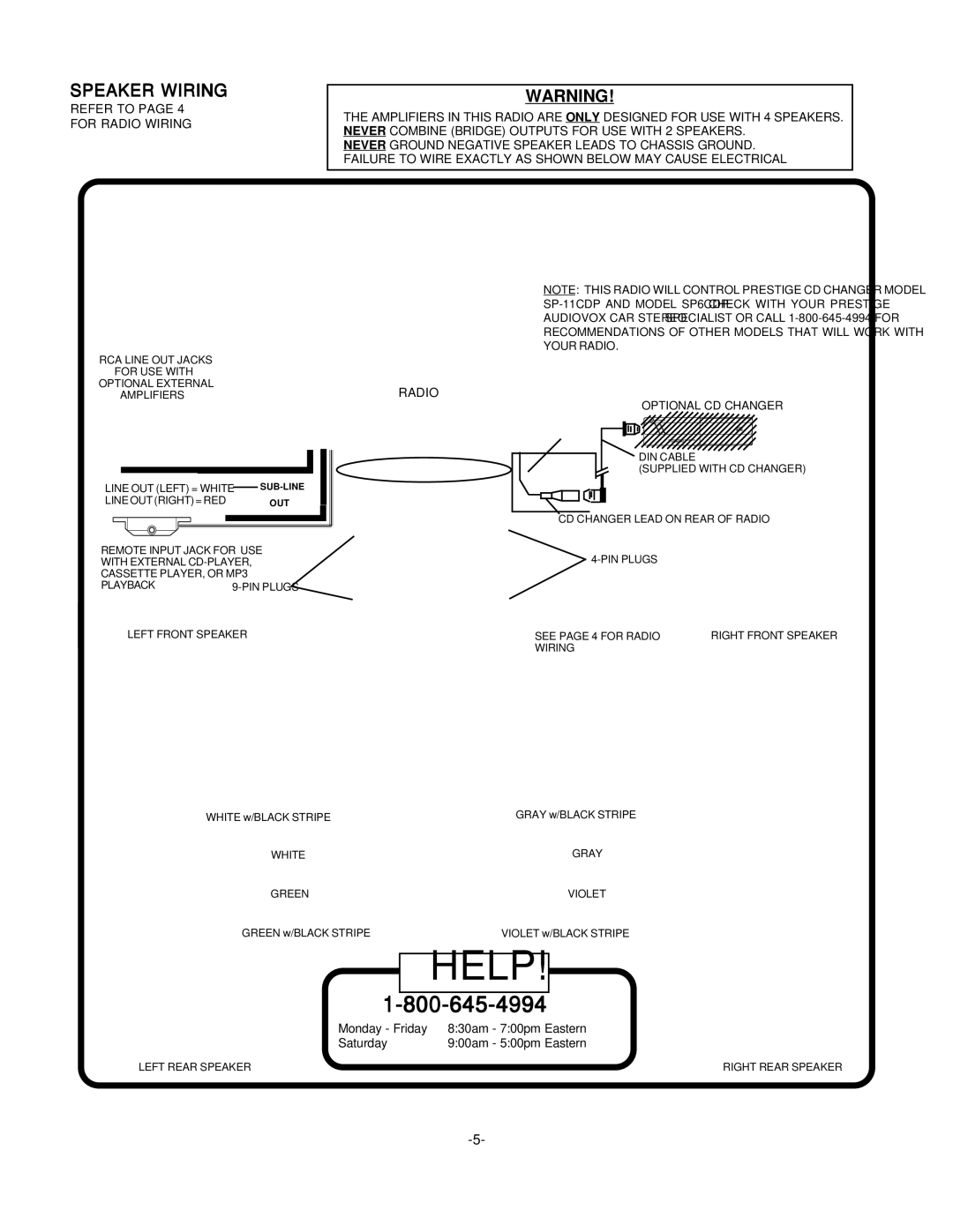 Audiovox P-965 installation manual Speaker Wiring, Refer to For Radio Wiring 