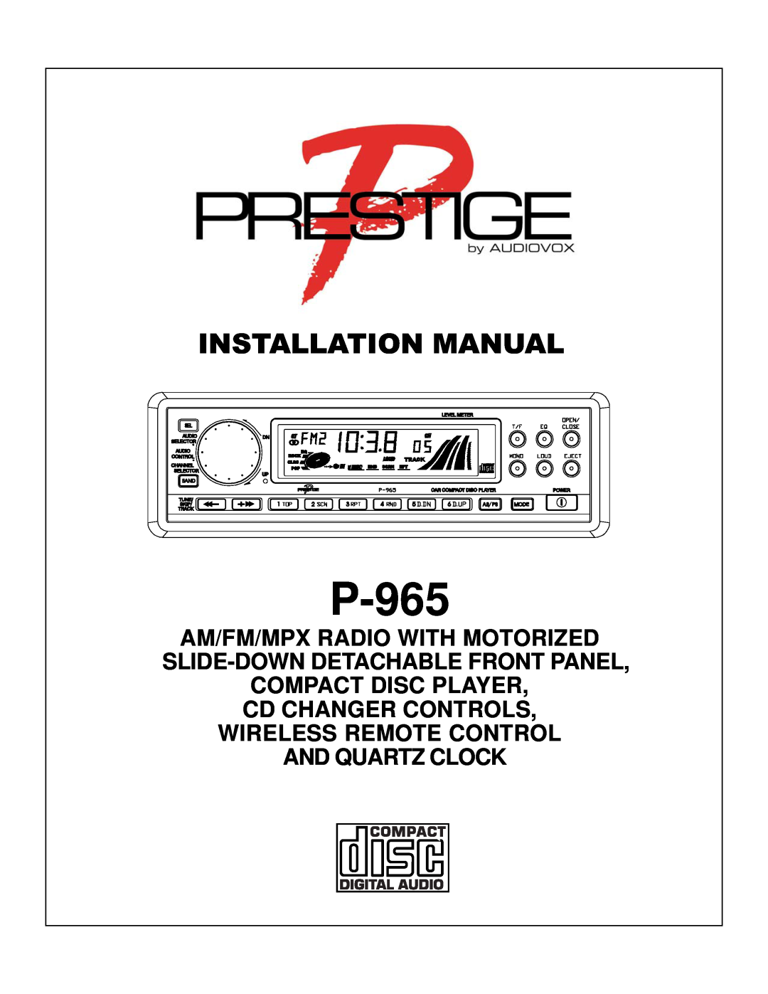Audiovox P-965 installation manual Installation Manual, Am/Fm/Mpx Radio With Motorized, Compact Disc Player, Track, Rockeq 
