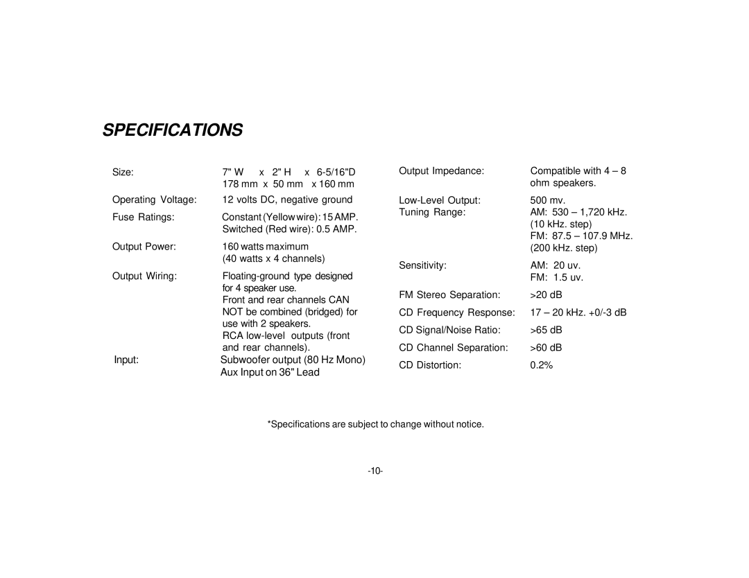 Audiovox P-975 manual Specifications, Input Subwoofer output 80 Hz Mono Aux Input on 36 Lead 