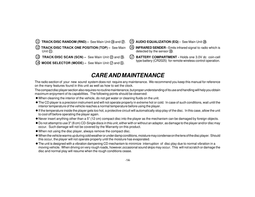 Audiovox P-975 manual Care and Maintenance, Audio Equalization EQ See Main Unit ct 