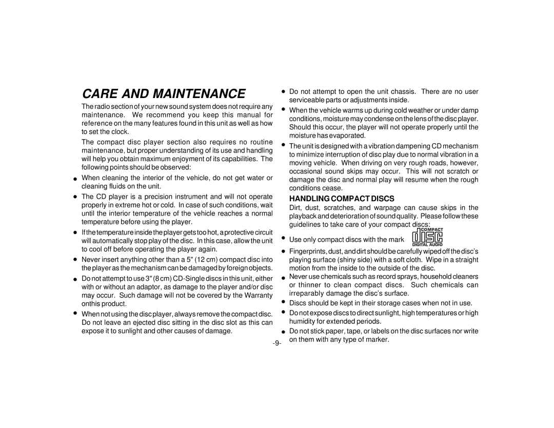 Audiovox P-98 manual Care and Maintenance, Handling Compact Discs 