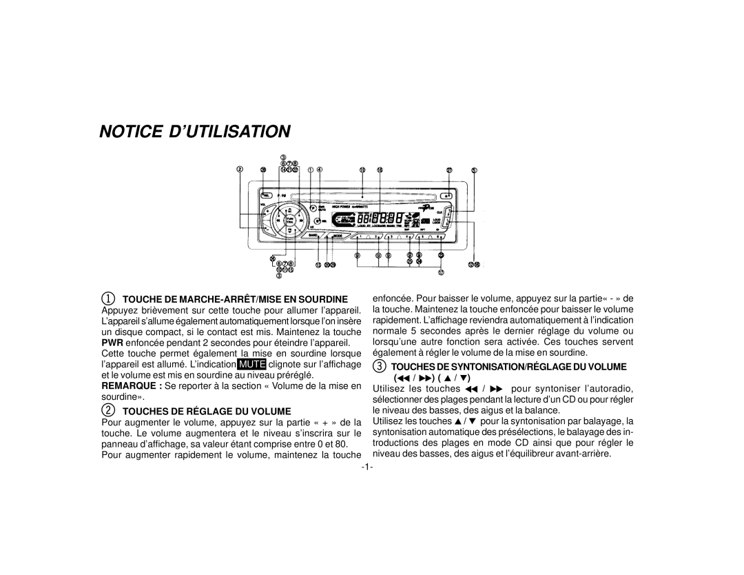 Audiovox P-98 manual Touche DE MARCHE-ARRÊT/MISE EN Sourdine, Touches DE SYNTONISATION/RÉGLAGE DU Volume 