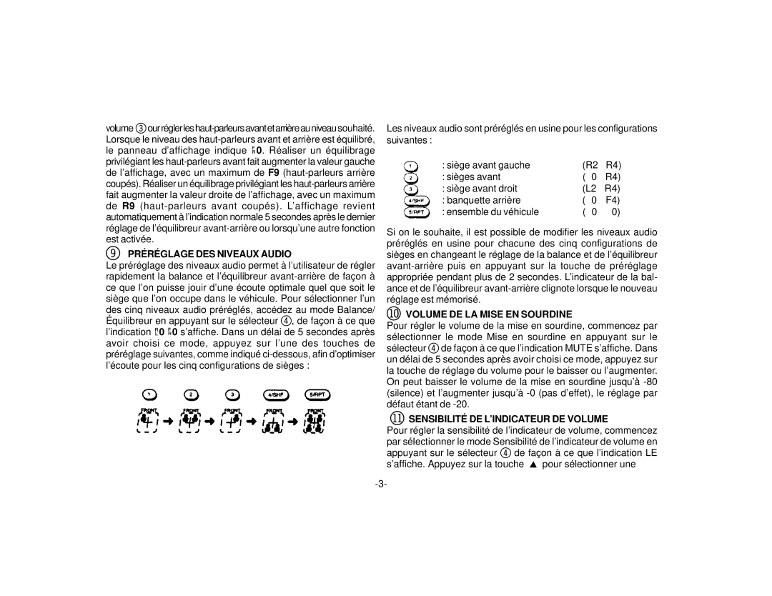 Audiovox P-98 manual Préréglage DES Niveaux Audio, Bl Volume DE LA Mise EN Sourdine 