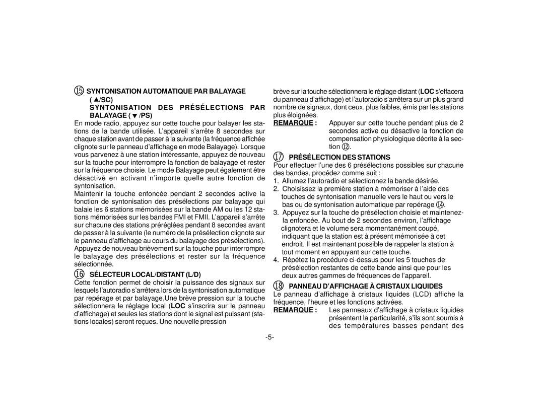 Audiovox P-98 Bq Syntonisation Automatique PAR Balayage /SC, Syntonisation DES Présélections PAR Balayage /PS, Remarque 