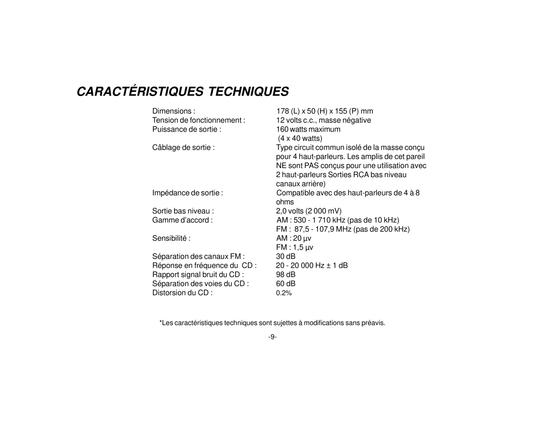 Audiovox P-98 manual Caractéristiques Techniques 