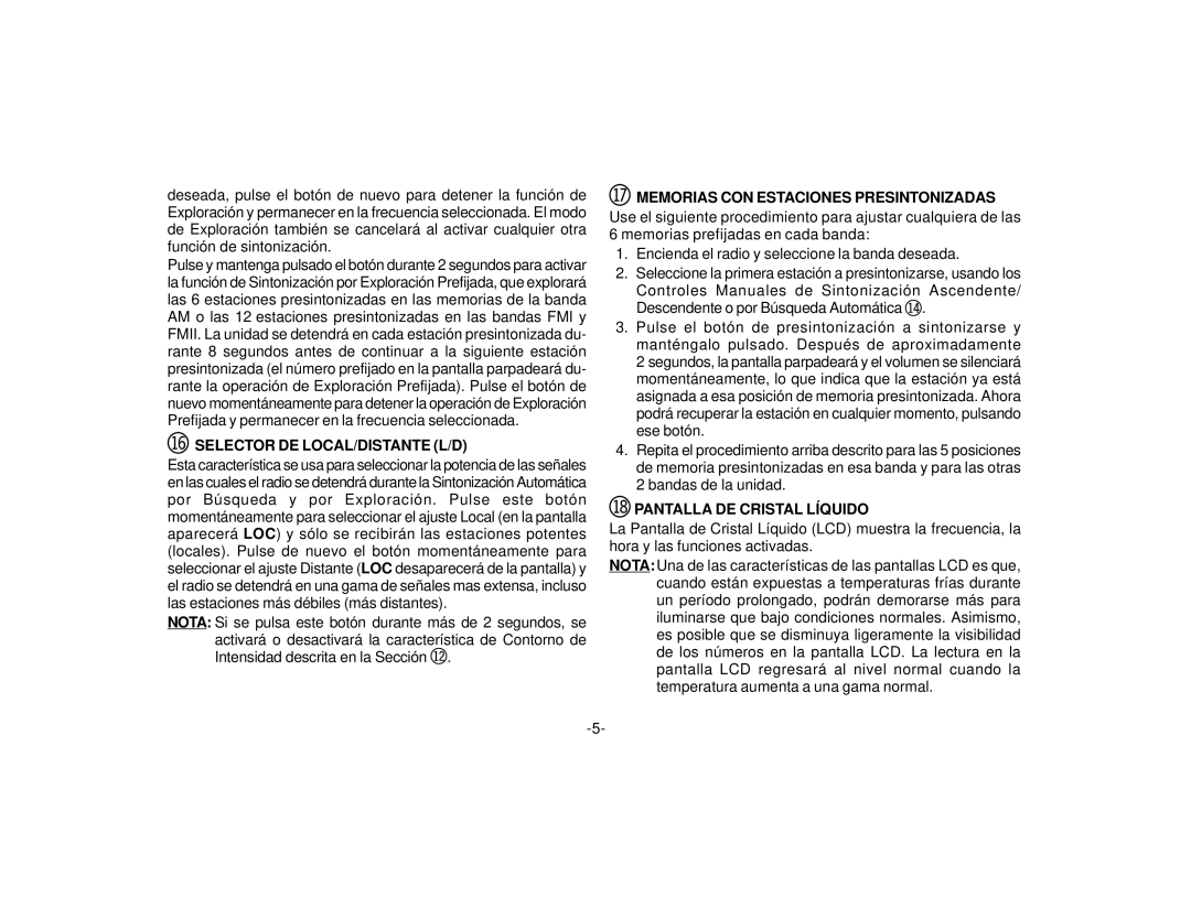 Audiovox P-98 manual Prefijada y permanecer en la frecuencia seleccionada, Bs Memorias CON Estaciones Presintonizadas 