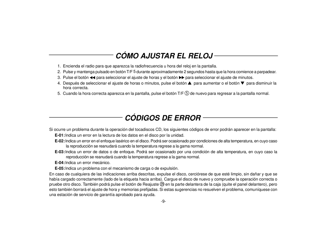 Audiovox P-98 manual Cómo Ajustar EL Reloj, Códigos DE Error 