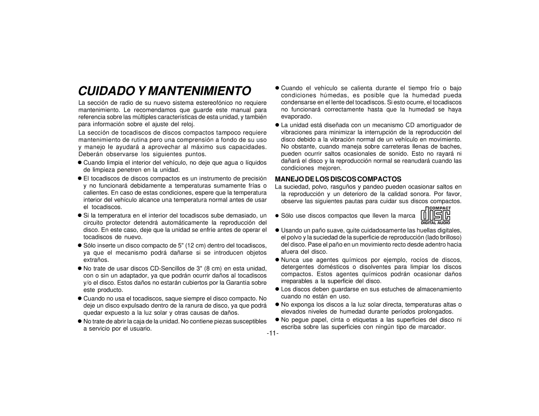 Audiovox P-98 manual Cuidado Y Mantenimiento, Manejo DE LOS Discos Compactos 