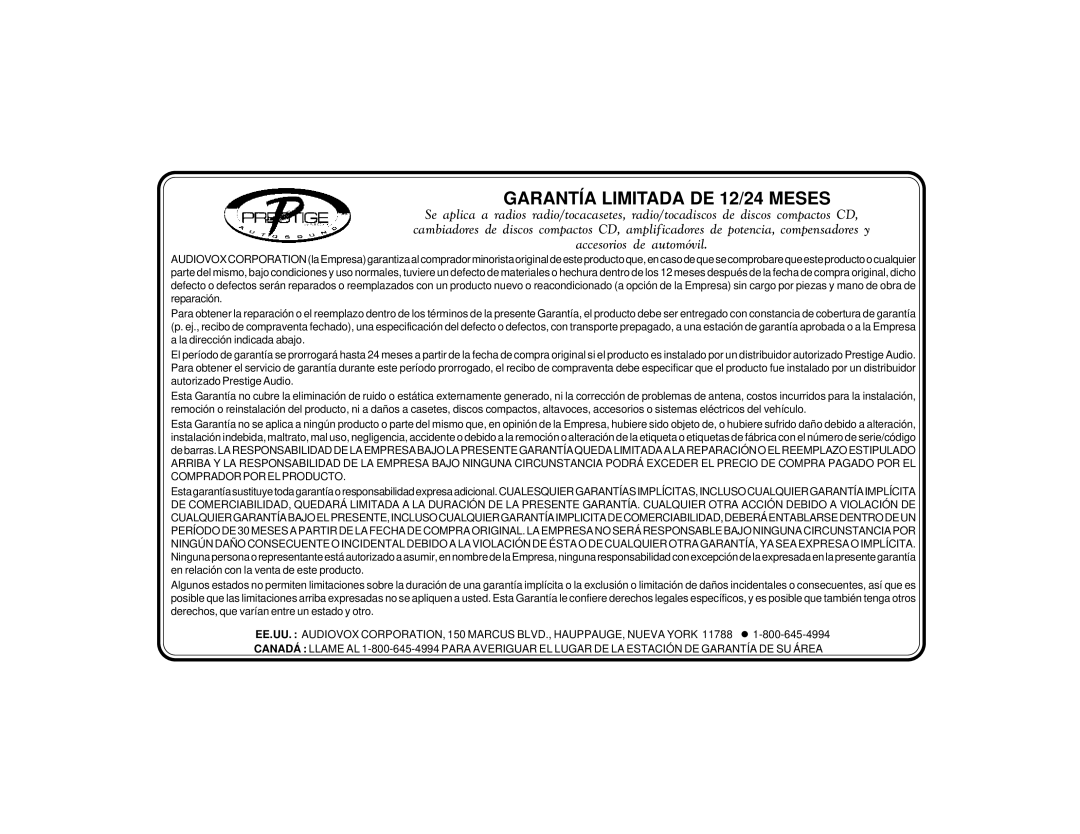 Audiovox P-98 manual Garantía Limitada DE 12/24 Meses 