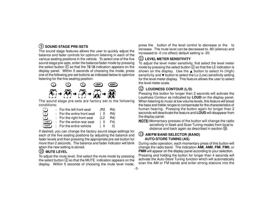 Audiovox P-98 manual Sound Stage PRE-SETS, Select button 4 so that the L Indication appears on, Bn Loudness Contour L/D 