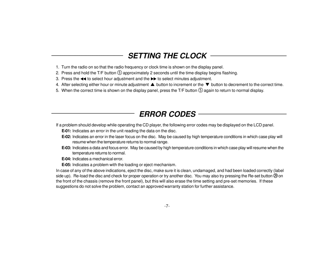 Audiovox P-98 manual Setting the Clock, Error Codes 