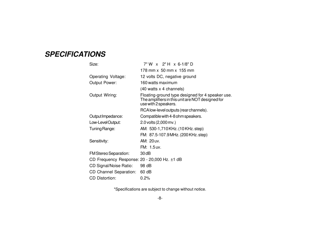 Audiovox P-98 manual Specifications 