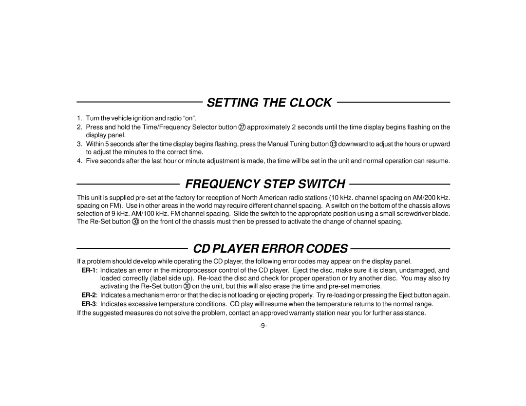 Audiovox P-99 manual Setting the Clock, Frequency Step Switch, CD Player Error Codes 