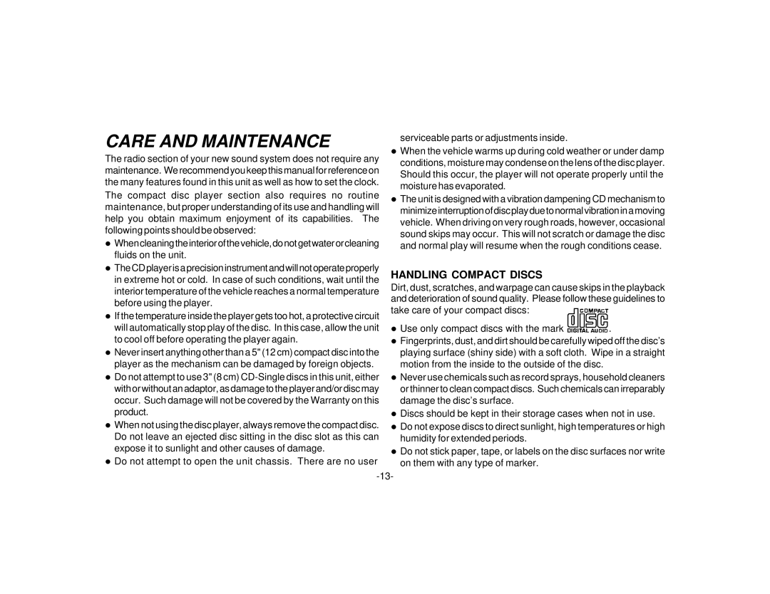 Audiovox P-99 manual Care and Maintenance, Handling Compact Discs 