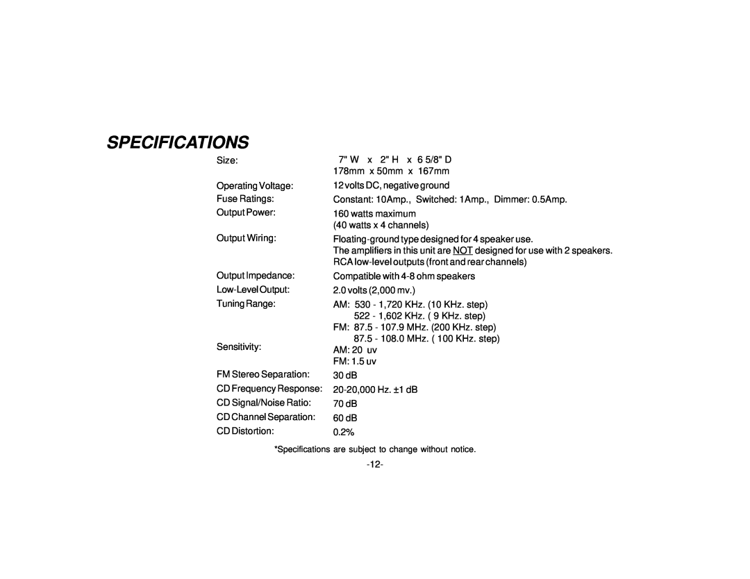Audiovox P-99 manual Specifications 