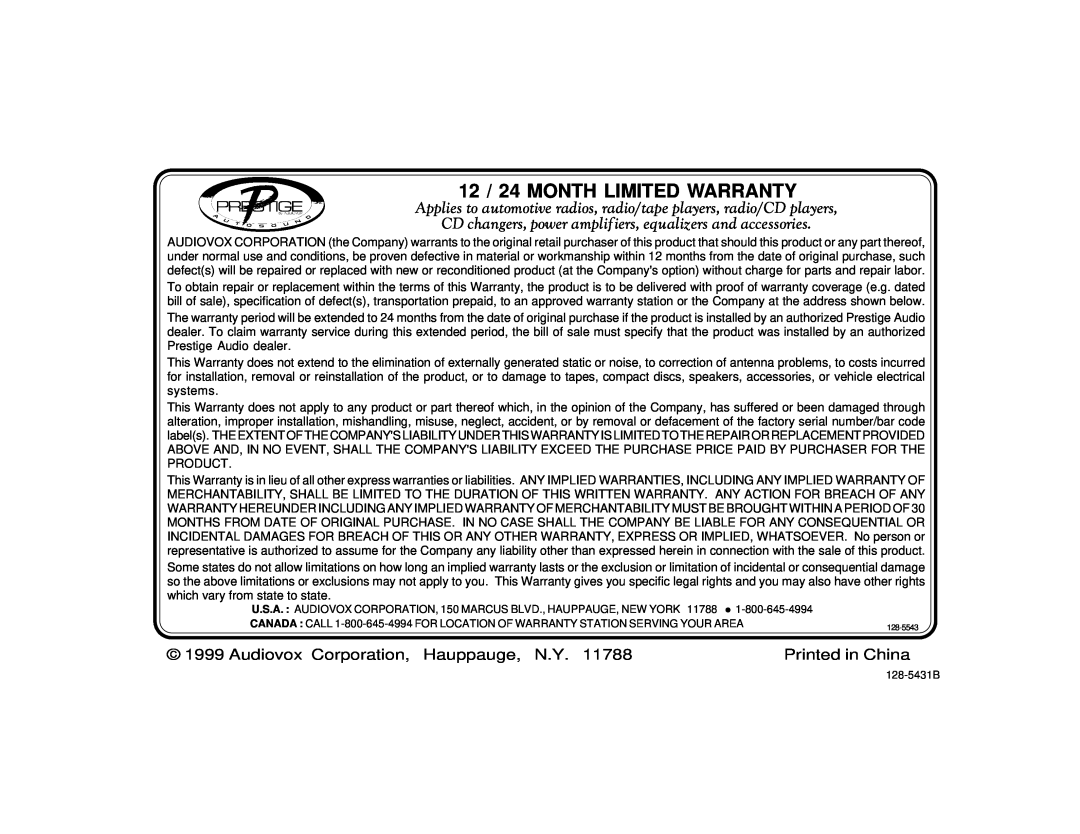 Audiovox P-99 manual 12 / 24 MONTH LIMITED WARRANTY, Audiovox Corporation, Hauppauge, N.Y 